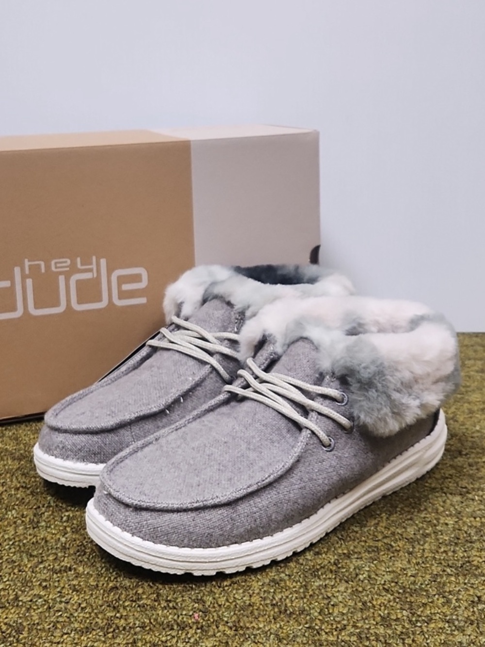 Hey Dude Britt Sunset in Smoke Gray with Plush Fur Collar